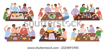 People playing board games. Tabletop game at home. Hand drawn set of compositions. Family, friends spending time together. Collection of cartoon characters at table. Vector illustrations of boardgames Royalty-Free Stock Photo #2324891985
