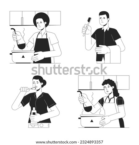 Busy people at home flat line black white vector characters set. Editable outline full body people cooking and brushing teeth on white. Routine cartoon spot illustrations set for web graphic design