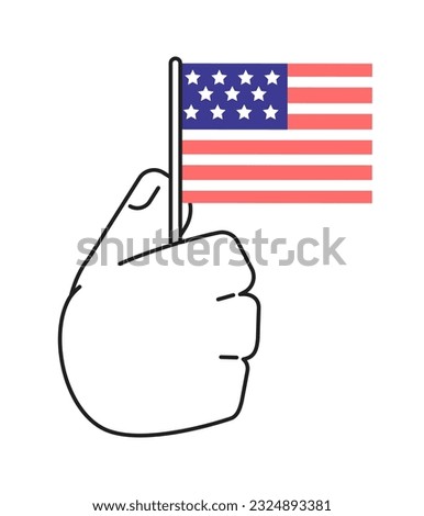 American flag holding monochromatic flat vector hand. Patriotism celebration. Waving flag. Patriotic 4th of july. Editable line clip art on white. Simple bw cartoon spot image for web graphic design