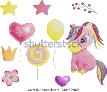 Cute Baby unicorn set for girls design. Watercoor. Vector illustration