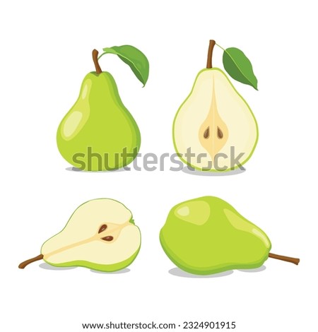 Vector illustration of set of colorful icons pear fruit, whole and cut on white background. Design for textiles, labels, posters, web elements. Green and yellow pear fruit in cartoon flat style Royalty-Free Stock Photo #2324901915