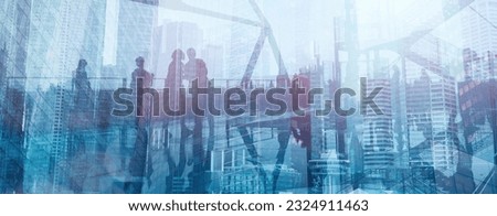 business banner double exposure background with business people silhouettes walking near office modern city buildings