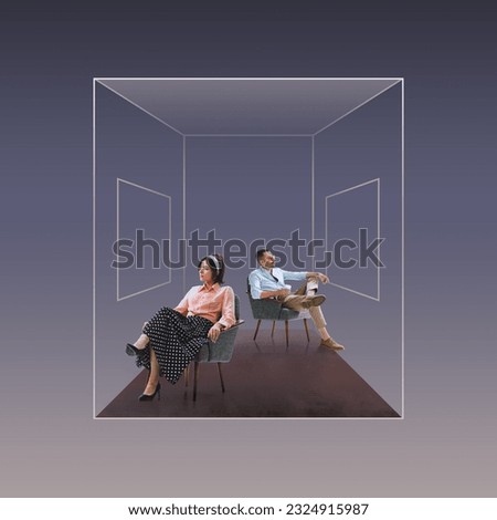 Man and woman in retro clothes sitting in armchairs on cube. Difficulties in communication and relationship. Contemporary art. Concept of surrealism, futurism, creativity, imagination, fantasy, ad