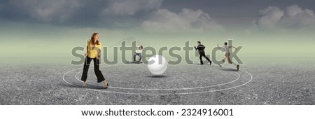 Different types of men running for woman to get her attention. Choosing partner for life. Relationship. Contemporary art collage. Concept of surrealism, futurism, creativity, imagination, fantasy, ad