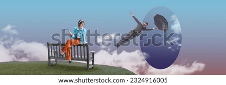 Stylish young woman in retro clothes meeting man in formal wear, flying with umbrella from sky. Contemporary art collage. Concept of surrealism, futurism, creativity, imagination, fantasy, ad
