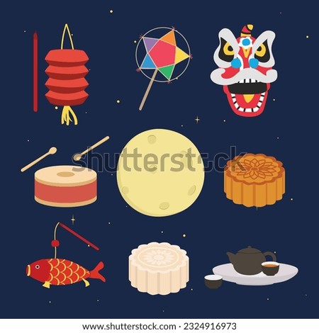 Mid Autumn Festival or Moon Festival vector set. Lantern, lion dance, drum, full moon, moon cake, tea set cartoon clipart, flat design