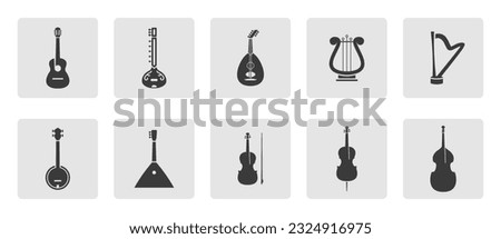 String instruments icon set. Guitar, violon, cello, lute, harp, lyre, banjo sitar, balalaika silhouette sign icon symbol pictogram vector illustration
