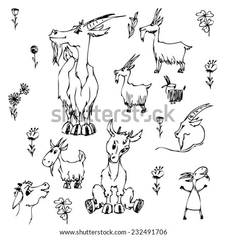 Goat figures on white background. Cartoon goats.