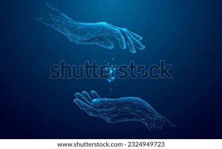 Two Digital Hands Holding Something. Blue Low Poly Wireframe Illustration on Dark Blue Background. Technology Concept. Abstract Human Gestures in Polygons, Connected Glowing Dots, Lines, and Triangles