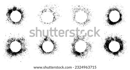 Grunge Circle Frame Collection. Paint Spray Splatter, Ink Stain Set. Messy Brushstroke, Round Border. Halftone Effect with Rough Texture. Abstract Design Element. Isolated Vector Illustration.