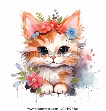 Cat watercolour floral graphic, colourful cats kitten on a white background