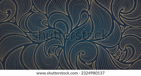Vector golden leaves, swirls art deco wallpaper background, hand drawn pattern. Line design for interior design, textile, texture, poster, package, wrappers, gifts. Luxury. Japanese style Royalty-Free Stock Photo #2324980137