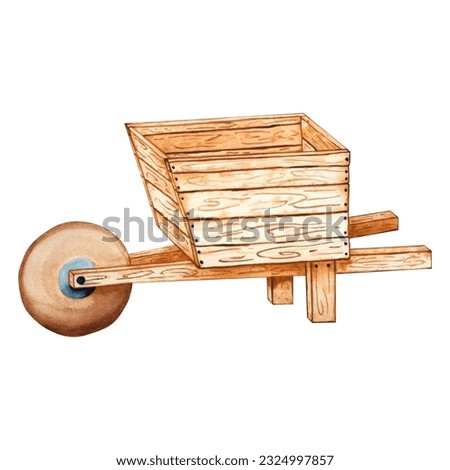 Empty wooden cart, rural machinery. Trolley for farmers to transport organic products. A basket or container with a wheel for harvesting. Harvest festival element, agricultural wheelbarrow for design