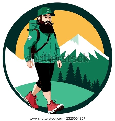 Tourist or hiker person hiking with a backpack, walking through the mountain, flat design vector illustration