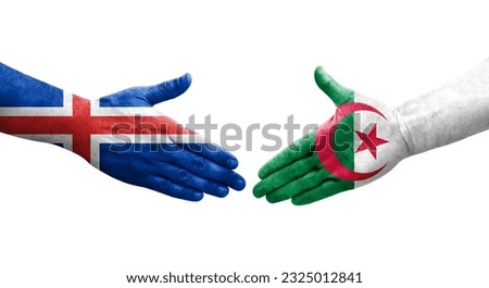 Handshake between Algeria and Iceland flags painted on hands, isolated transparent image.