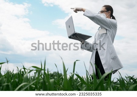Agronomist using tablet and technology in agricultural corn field. The farmer walks through the field with a tablet. Biologist woman with laptop
