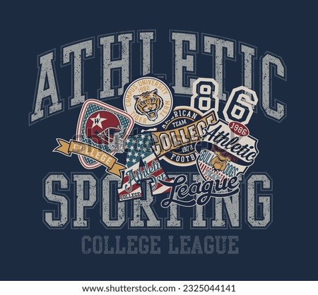 College American football team patches collage vintage vector print for man kid boy t shirt with embroidery applique patchwork Royalty-Free Stock Photo #2325044141