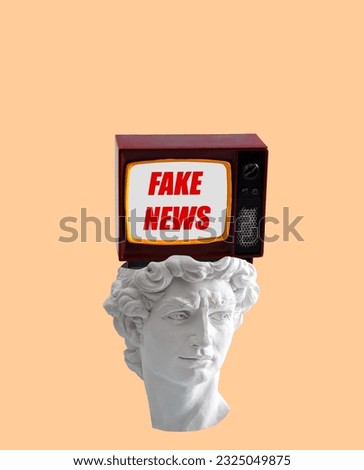 Creative art collage of David's head with retro tv screen flying out of his head on orange background. Mass media manipulation concept. 