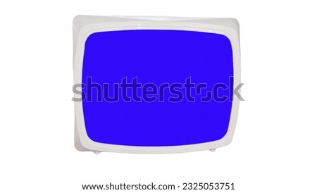 Retro tv with blue screen copy space. The TV set is isolated on a white background. Chroma key TV screen for sequence.