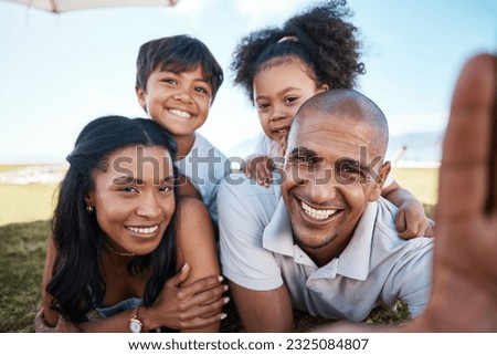 Smile, family selfie and portrait outdoor on vacation, holiday or summer travel. Face, happy and parents, children and profile picture for social media, memory and enjoying quality time together.