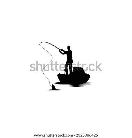 vector illustration of a silhouette of a person fishing in a boat. curved fishing rod strike fish.