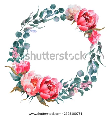 Wreath of peonies, pink and white flowers peonies watercolor, eucaliptus branches, floral clip art. Bouquet perfectly for printing design on invitations, cards, Isolated on white background
