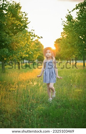 A girl walks along the avenue of a lime grove flooded with the sun at sunset