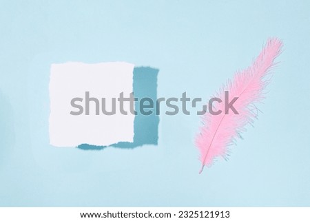 Paper greeting card, fluffy pink feather, message writing, creative copy space for greetings or quotes, pastel blue background. 