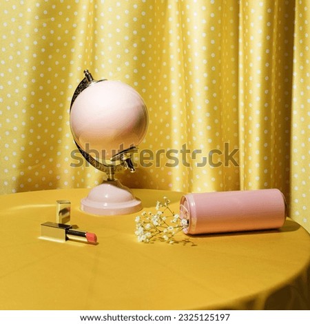 Creative feminine design, aesthetic layout, girly elements, bright yellow satin drapery background. 