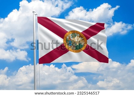 Florida flag waving in the wind on clouds sky. High quality fabric. International relations concept