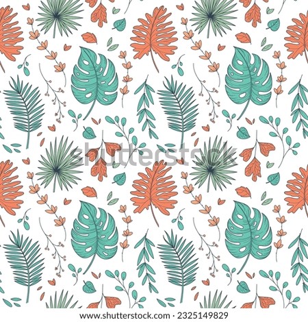 Tropical foliage background in autumn colors. Botanical seamless pattern. Tropical palm leaves in doodle style on light background