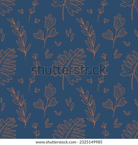 Tropical foliage background in autumn colors. Minimal botanical seamless pattern. Line art of tropical palm leaves on dark blue background