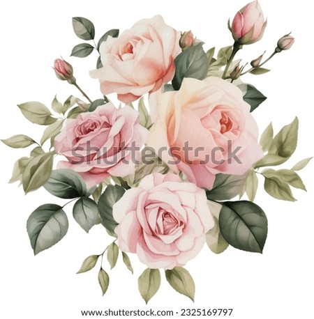 Watercolor Romantic Pink Rose Flowers Arrangement. Isolated Clipart Illustration for Wedding Decoration.