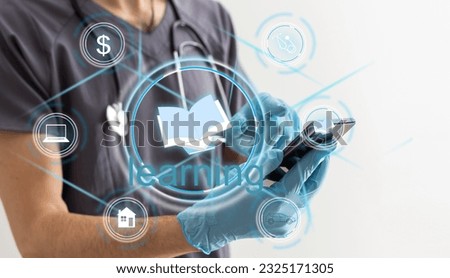 E-Learning Concept. Businessman Holding Holographic World Globe And Text Over Black Background. Collage, Cropped