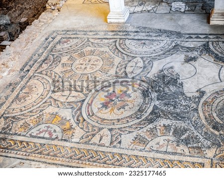 Mosaic composed of a series of geometric motifs in the House of Hippolytus, one of the most important remains within the archaeological site of Complutum, a Roman City of Alcala de Henares, Madrid.