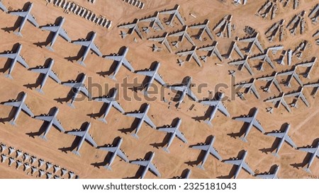 Aircraft Boneyard, Retired aircrafts parking in the aircraft graveyard, birds eye view plane cemetery - Tucson City, Arizona, USA Royalty-Free Stock Photo #2325181043