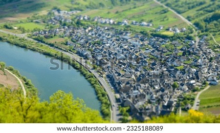 Aerial view and Close up of small village Bremm located on the bank of river Moselle - Germany