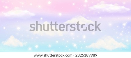 Pink sky background with clouds and stars. Pastel color abstract dreaming illustration. Magic heaven wallpaper. Cute unicorn landscape. Vector illustration. Royalty-Free Stock Photo #2325189989
