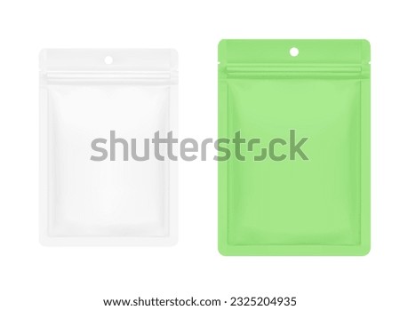 Realistic pouch bag mockup with hole and zip bag. Vector illustration isolated on white background. Front view. Can be use for template your design, presentation, promo, ad. EPS10. Royalty-Free Stock Photo #2325204935