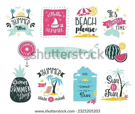 Set of colorful summer-themed labels and clip art