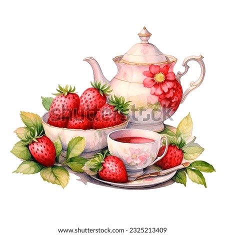 Watercolor tea party illustration: vintage cup, teapot, strawberry composition. Watercolor illustration isokated on white background.