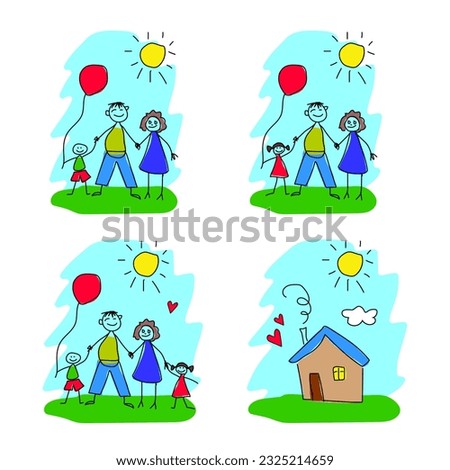 Set of drawings as childs hand is my happy family of parents and babies. Father, son, daughter, mother, red heart, yellow sun, house, blue sky and green grass. Father day, family, mother day