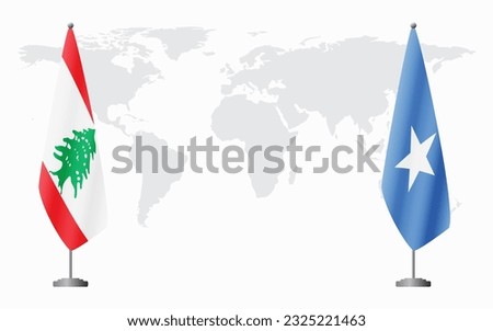 Lebanon and Somalia flags for official meeting against background of world map.