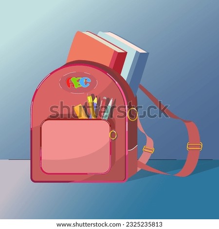 A school backpack with books and an office inside. Banner for theme School . Children s and bright illustration. Red bag