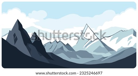 Flat graphic vector illustration of abstract snowy mountain landscape with snowcapped peak and sharp mount range. Simple decorative cartoon sketch concept for mountaineering or hiking tourism. Royalty-Free Stock Photo #2325246697