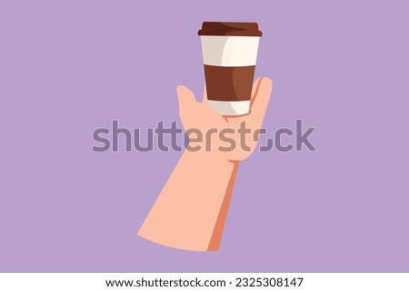 Graphic flat design drawing coffee disposable cup in businessman hand. Coffee cup isolated in blue background. Hand of man hold coffee cup logo. Symbol of coffee mug. Cartoon style vector illustration