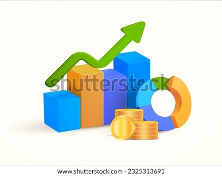 3d growing bar char, line chart with arrow, pie or wheel chart, stacks of coins, isolated on white background. Banner concept for revenue, profitable business, finance, invest. 3d vector illustration