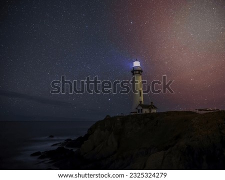 Pigeon Point Light Station with a starry night in San Francisco Bay, California, USA
