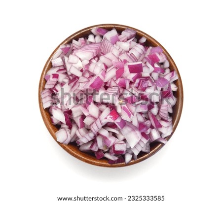 Red onion slice in wooden bowl on white background Royalty-Free Stock Photo #2325333585