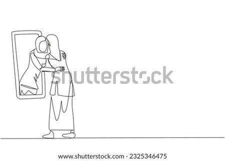 Single continuous line drawing of young Arabian woman stand in front of mirror. Her reflection get out of mirror and hug each other. Accepting one body and soul. One line design vector illustration Royalty-Free Stock Photo #2325346475